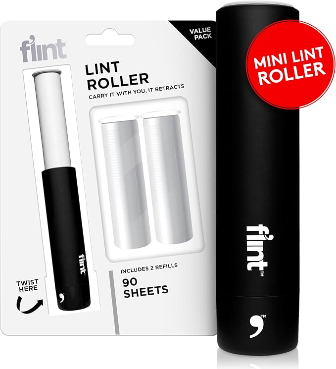 Flint Classic Black Retractable Mini Lint Roller with 90 Extra Sticky Sheets, Small and Portable Lint Roller, Ideal Pet Hair Remover, Travel Lint Rollers for pet Hair Extra Sticky by Flint