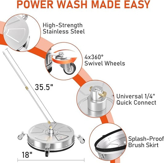 18" Pressure Washer Surface Cleaner with 4 Wheels, 4000 PSI Max Stainless Steel Surface Cleaner for Pressure Washer, 2 Extension Wands, 1/4" Quick Plug, for Concrete, Patio, Sidewalk, Deck