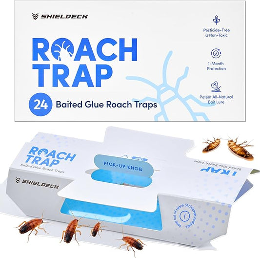 Shieldeck Roach Traps Indoor (24 Pack) – Non-Toxic Sticky Glue Traps for Roaches, Spiders & Crickets – Safe Roach Catcher for Home, Car, Apartment & Motel Pest Control