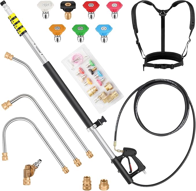 24 FT Telescoping Pressure Washer Wand Extension, Hot Water Supported Power Washer Extension Wand with 7 Nozzle Tips, 3 Adapters & Harness, Gutter Cleaning Tools for 2 Story House