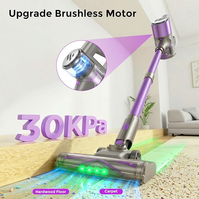 Vacuum Cleaners for Home,Cordless Vacuum Cleaner,Lightweight Stick Vacuum Cordless Rechargeable,Self-Standing Design,LED Touch Screen,Vacuum for Hardwood Floors,Carpet,Pet Hair(Lavender Purple)