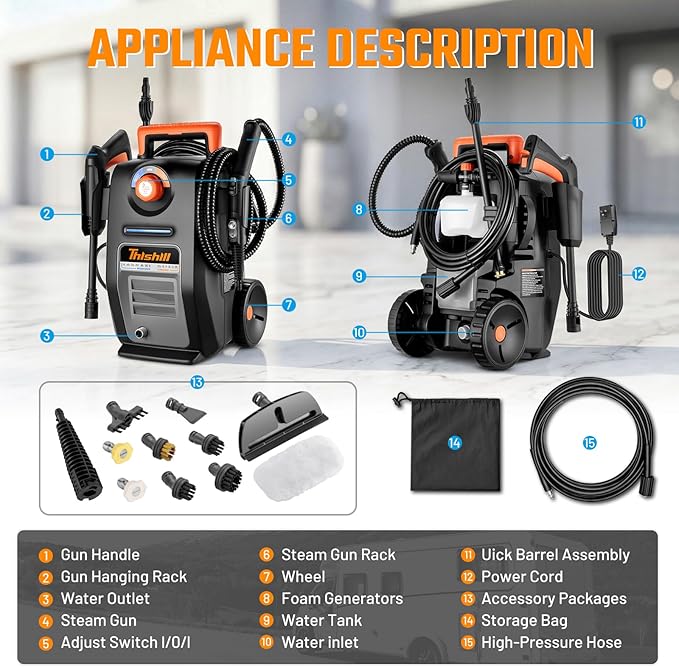 This Hill 2 in 1 Pressure Washer & Steam Cleaner, 2GPM 3000PSI with High Pressure Cleaner, 1500W High-Pressure Steamer for Cleaning, Suitable for Home, Tile, Carpet, Furniture & Personal Car Detailing