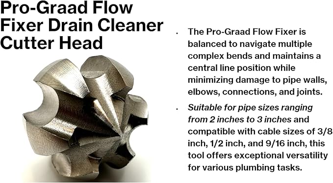 1.6” Flow Fixer Drain Cleaner Plumbing Snake Cutter Head for 2" - 3" Pipes, Clears & Scrapes Pipe Inner Walls, Fits 3/8”, 1/2" or 9/16” Cables, for Commercial & Residential Use
