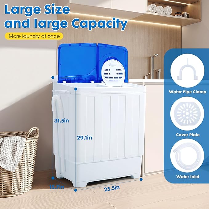 Portable Washing Machine Twin Tub - 28lbs Compact Washer (18lbs) and Spinner Dryer (10lbs) Combo with Drain Pump - Semi Automatic Washing Machine for Apartments, Dorms, RVs, Camping - Blue