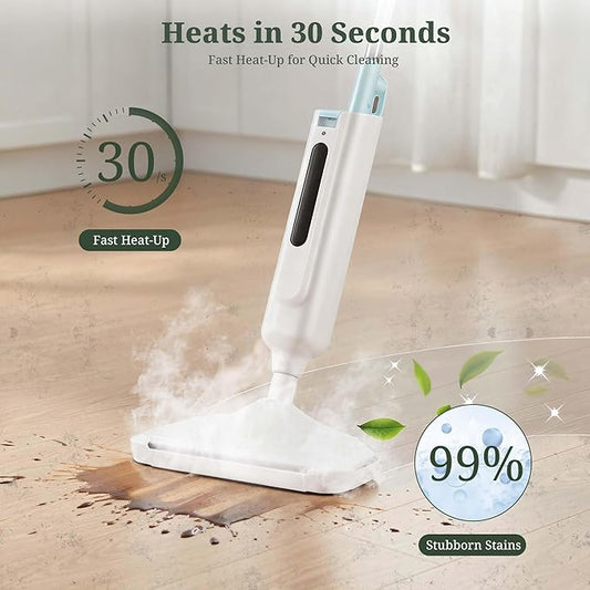 Steam Mop for Floor Cleaning, Lightweight Floor Steamer for Hardwood, Tile, Laminate & Carpet, Quick-Heat Steam Cleaner with Visible Water Tank and 2 Washable Pads, White and Green
