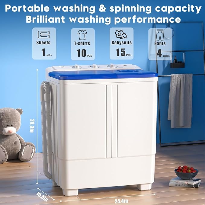 Auertech Portable Washer and Dryer Combo, 20 Lbs Twin Tub Washing Machine, 1.5 Cu.Ft Compact Clothes Dryer, Portable Washing Machine and Dryer Set for Laundry, Apartment, RV, Dorm, Blue