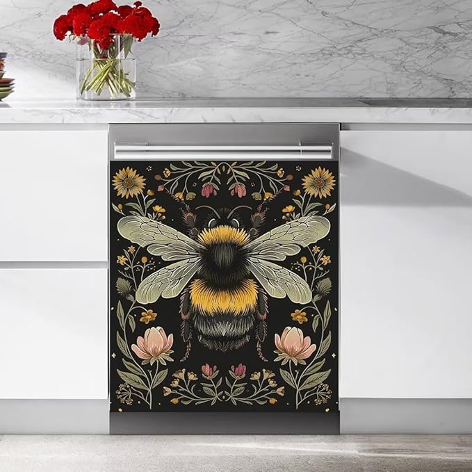 Flower and Bee Pattern Dishwasher Magnetic Cover Sticker Magnetic Refrigerator Full Door Cover Sticker Kitchen Decor Panel Decal 23W x 17H inchs
