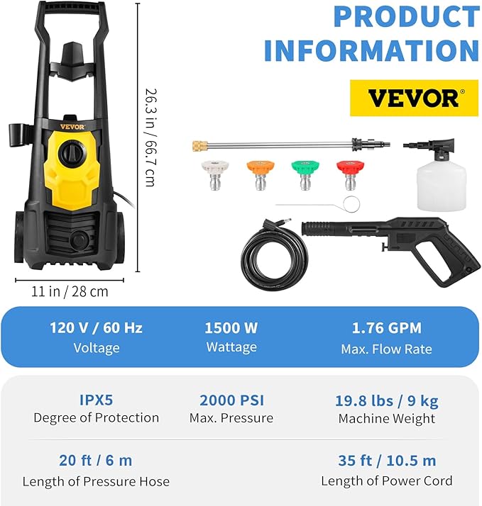 VEVOR Electric Pressure Washer, 2000 PSI 1.76 GPM, Portable Cleaner with 30ft Hose, Foam Cannon & 5 Nozzles for Cars, Patios, Fences - ETL Listed