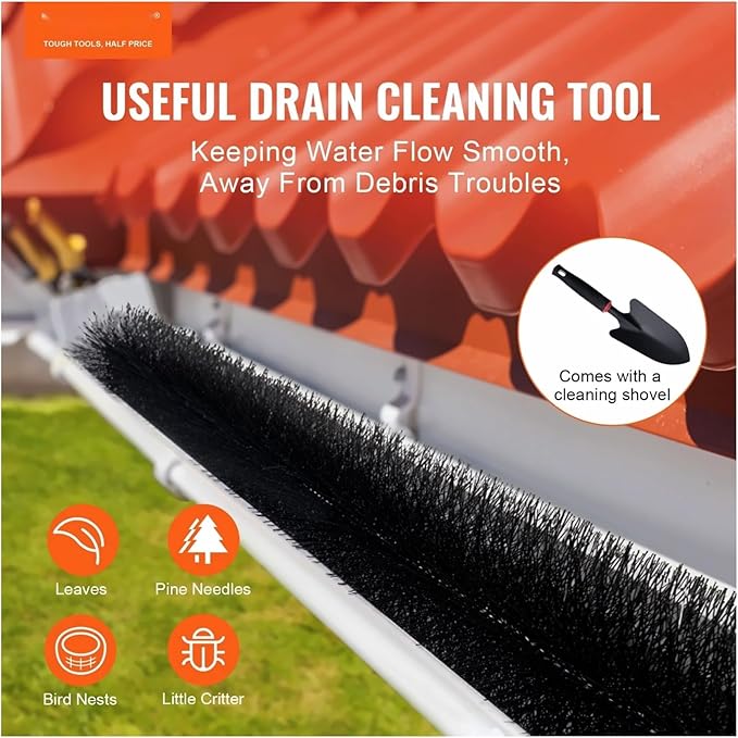 Gutter Brush 60ft, 5.25in Diameter Gutter Cleaning Tools, Gutter Guard for 5-6 Inch Gutters, Leaf Filter, Roof Debris Removal