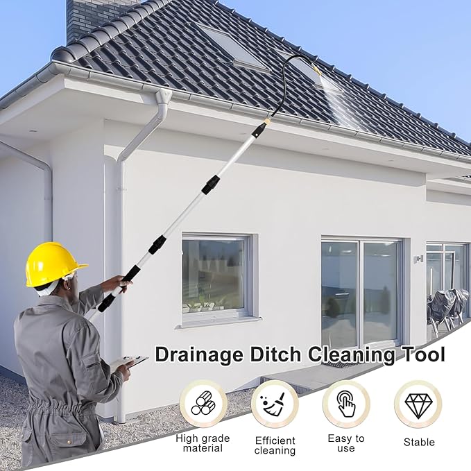 Gutter Cleaning Tool, 64.9" Gutter Cleaner Tools from the Ground, Bendable Roofing Gutter Tool with 4 Splice Rod, Easy to Fit Disassemble Long Reach Gutter Cleaning Wand Rain Gutter Cleaning Pole