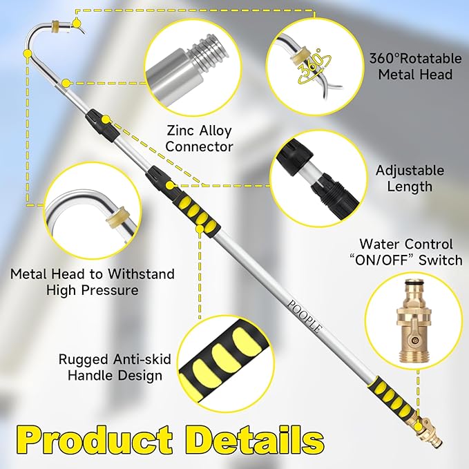 Gutter Cleaning Tools from Ground, 12FT Telescoping Pole (20FT Reach) - Heavy-Duty Zinc Alloy Head, 360° Spray Nozzle & Leak-Proof Kit, No Ladder Needed for Roof Gutters
