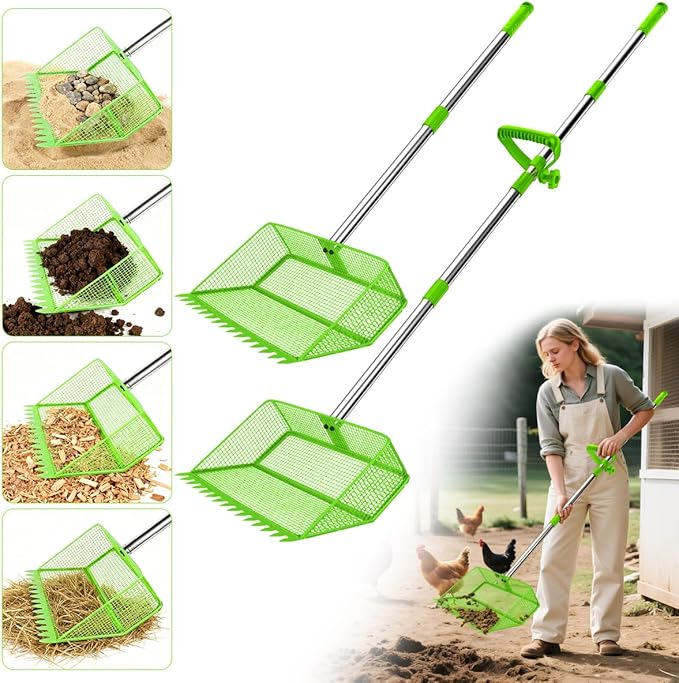 2026 Latest 12inch 2-in-1 Chicken Poop Scooper & Rake with Handle, Heavy-Duty Metal Chicken Coop Scoop for Sand Sifting Shovel Litter Scooper for Farm House Chicken Coop Cleaning Tools Accessories