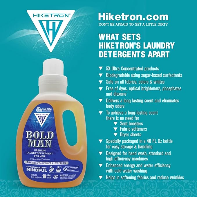 Hiketron Bold Man Liquid Laundry Detergent, 5x Ultra Concentrated, Tough Stains Remover Washing Detergent, Long Lasting Masculine Scent (80 Fl Oz, Pack of 2)
