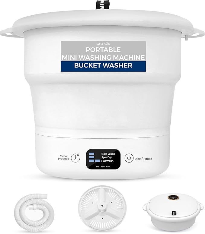 SereneLife PUCWM44.5 Portable Mini Washing Machine – Folding Bucket Washer for Clothes & Laundry – Lightweight, Compact & Easy to Carry for Camping, RV, Travel, Apartments & Small Spaces (Off White)