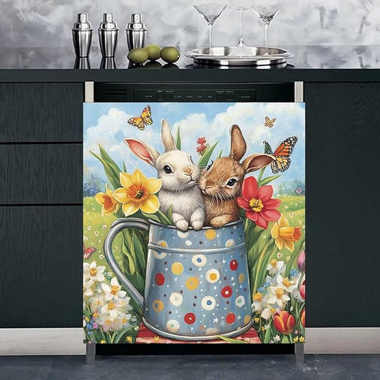Easter Bunny Dishwasher Magnet Decoration Cover Kitchen, Two Rabbits Vinyl Magnetic Dishwasher Sticker, 23 x 26 in Spring Colorful Flowers Home Magnet Fridge Cover
