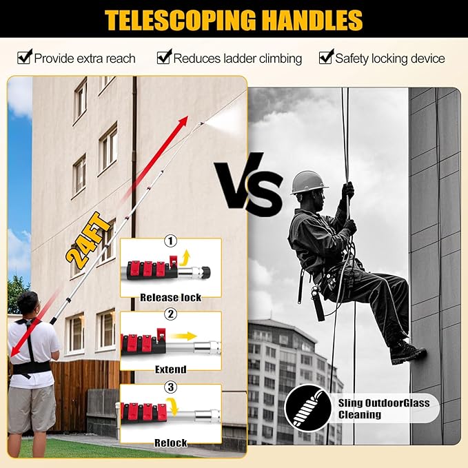 24FT Telescoping Power Washer Extension Wand, Gutter Cleaning Tools with Brush Head, 4 Adapters, 7 Spray Nozzles, Upgraded Support Belt, Pressure Washer Wand Extension for Wall Roof Gutter