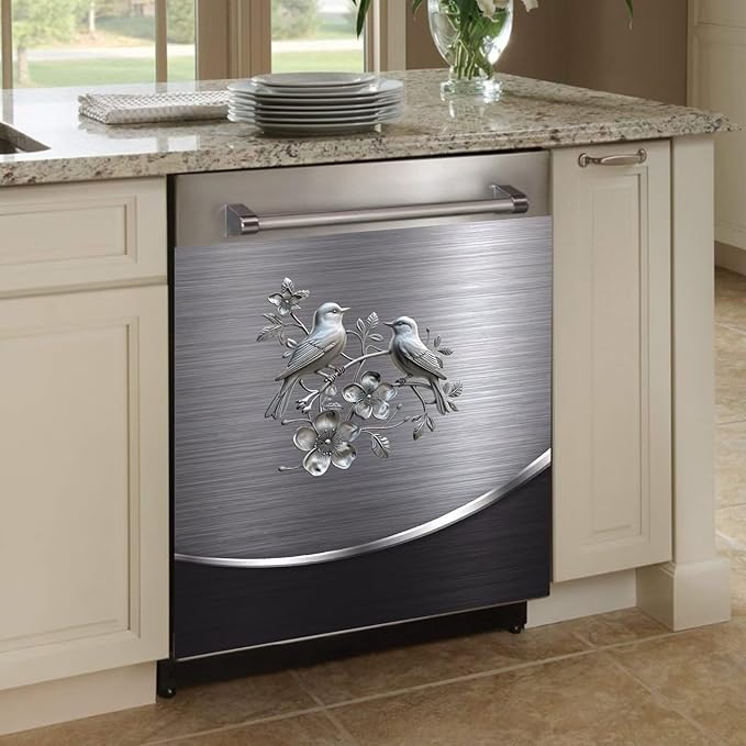 Grey Metal Silver Bird with Flower Pattern Magnetic Dishwasher Cover Sheet,Polishing Steelbird Dishwasher Skin Decor Silver Texture,23X17 INCH Magnet Rerigerator Kitchen Panel Decal Sticker