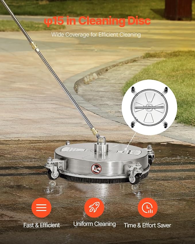 VEVOR 15" Pressure Washer Surface Cleaner, Stainless Steel Pressure Washer Attachments with 4 Wheels, 4000 Max PSI, 1/4 Quick Connector, 2 Spray Nozzles, 2 Extended Wands for Concrete, Patio, Deck