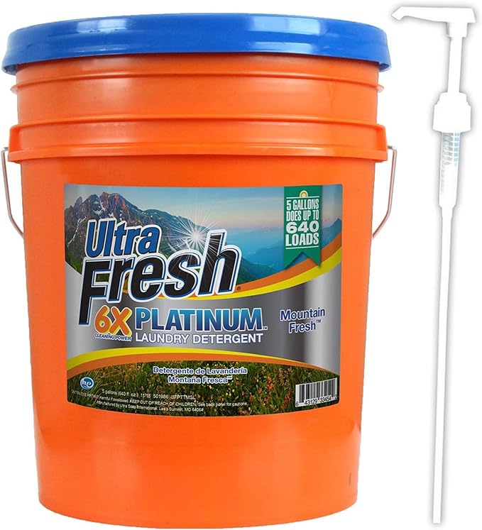 Ultra Fresh 6X Platinum 5 Gallon Laundry Detergent Liquid for All Machine Types with Easy Dispensing Pump, Up to 640 Loads, Mountain Fresh (3 Pack)
