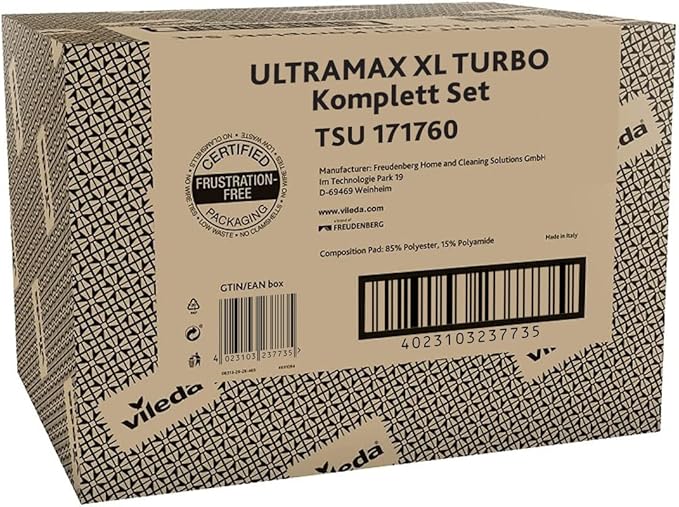 Vileda Ultramax Turbo XL Set, XL Floor Mop with Telescopic Handle for Large Surfaces, Microfibre Mop Cover, Bucket with Spinner, for All Hard Floors, Love It Clean, Eco Packaging