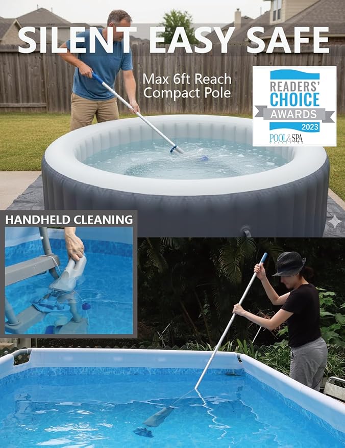 KOKIDO Rechargeable Handheld Pool Spa Hot Tub Vacuum Cordless, IPX8, Aluminum Pole and 2 Brush Heads, Ideal for Light-Duty Spot Cleaning Spa Above Ground Pool up to 20ft, 60min, Sand and Debris XV110