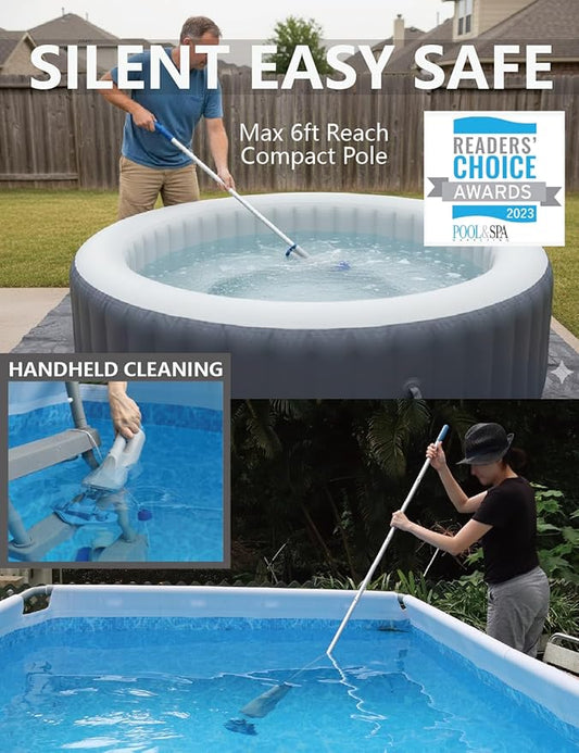 KOKIDO Rechargeable Handheld Pool Spa Hot Tub Vacuum Cordless, IPX8, Aluminum Pole and 2 Brush Heads, Ideal for Light-Duty Spot Cleaning Spa Above Ground Pool up to 20ft, 60min, Sand and Debris XV110