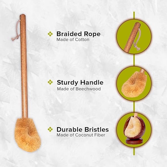 Wooden Toilet Brush with Coconut Shell Holder Eco-Friendly Wooden Toilet Bowl Cleaning Brush - Effective Toilet Cleaning Brush - Durable and Natural Toilet Cleaner