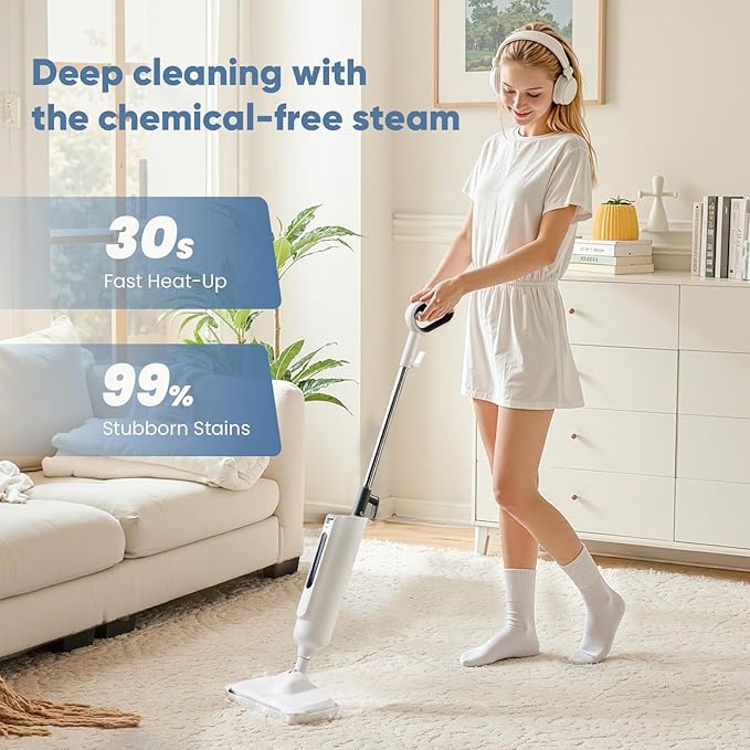 DUMOS Steam Mop for Floor Cleaning, Detachable Handheld Steam Cleaner, Suitable for All Floors Like Tiles, Hardwood, Stone, Lightweight with 2 Washable Pads,White and Gray