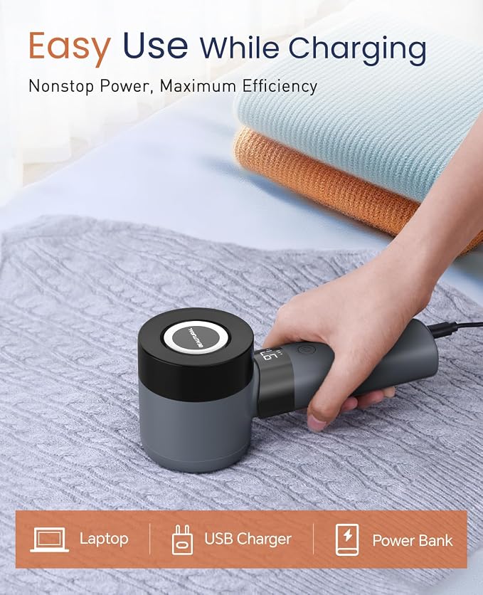 BEAUTURAL Fabric Shaver and Lint Remover, Rechargeable Sweater Defuzzer | LED Display, 3-Speed Settings, 6 Leaf Blades, Portable Pilling Remover for Clothes, Furniture, Blankets - Image 6