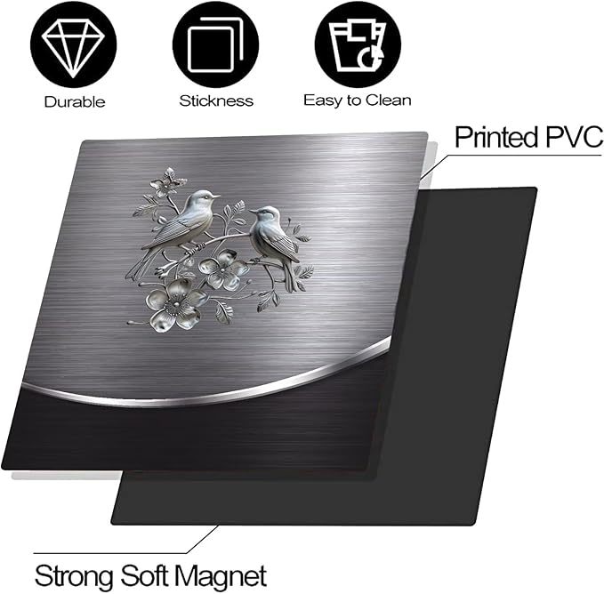 Grey Metal Silver Bird with Flower Pattern Magnetic Dishwasher Cover Sheet,Polishing Steelbird Dishwasher Skin Decor Silver Texture,23X17 INCH Magnet Rerigerator Kitchen Panel Decal Sticker
