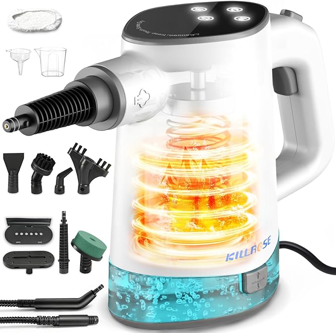 Killrose Handheld Steam Cleaner, Pressurized Steam Cleaner with 10–15s Fast Heat, Dual Power Modes & Self-Clean, Multi-Surface Steamer with 12 Accessories for Kitchen, Bathroom