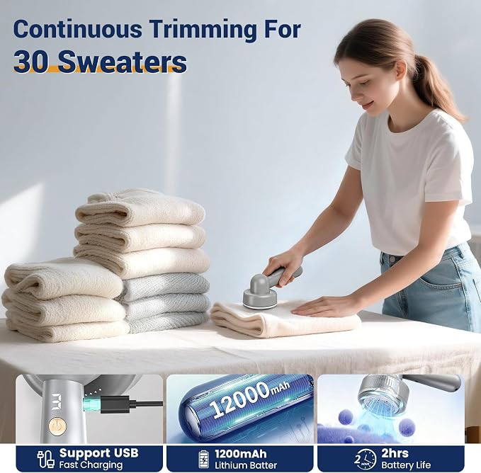 DBC Fabric Shaver Lint Remover for Clothes, Sweaters, Couch & Furniture | 6-Leaf Blade, 3 Speeds, 2H Runtime, Portable Design Perfect for Travel, Includes 2 Extra Blades, Grey - Image 5