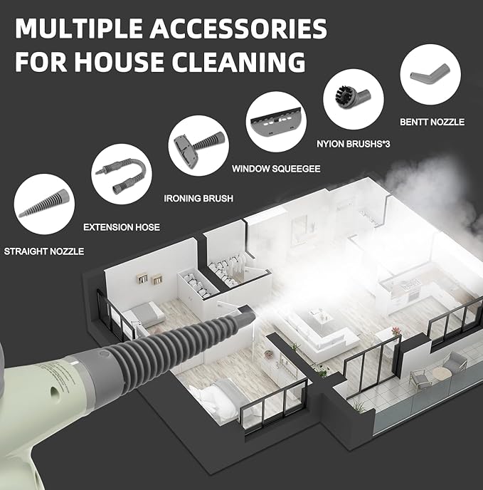 Handheld Steam Cleaner, Pressurized Multi-Surface Steam Shot with 13 Accessories, Safety Lock, Steamer for Cleaning Floor, Upholstery, Grout, Windows, Couch and Car, Green