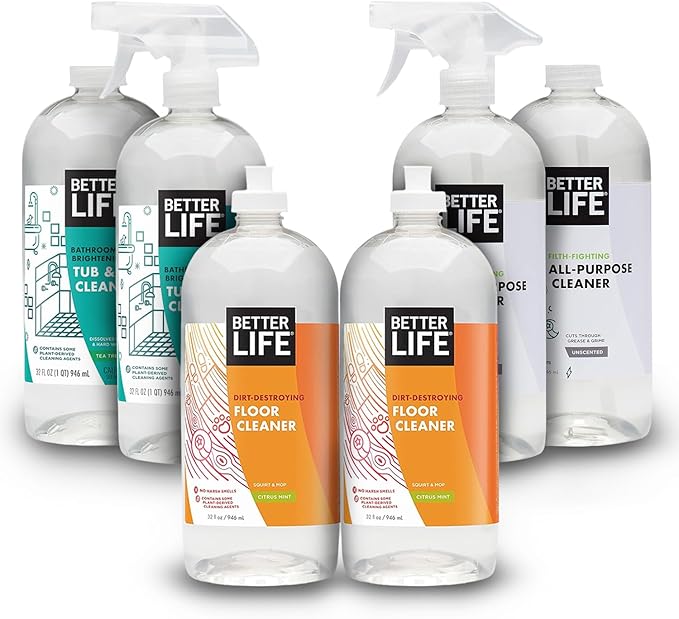 Better Life Floor Cleaner 32 Oz 2 Pack + All Purpose Cleaner Unscented 32 Oz Pack of 2 + Tub & Tile Cleaner 32 Oz 2 Pack