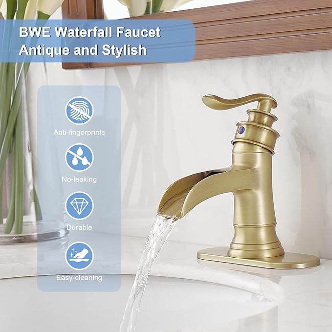 BWE Antique Brass Bathroom Faucet Single Hole Waterfall Bathroom Sink Faucet with Pop Up Drain Assembly and Supply Hose Rustic Lavatory Vanity Sink Faucet Mixer Tap