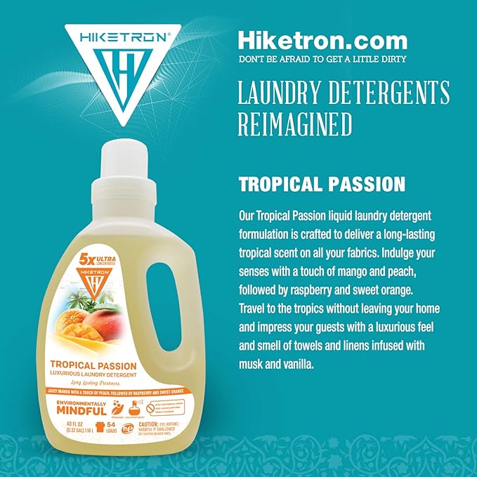 Hiketron Tropical Passion Liquid Laundry Detergent, 5x Ultra Concentrated, Tough Stains Remover, Long Lasting Scent (80 Fl Oz, Pack of 2)