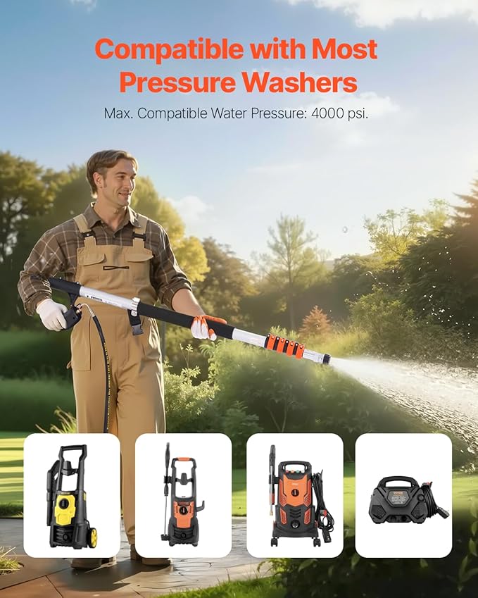 VEVOR Pressure Washer Telescoping Wand, 18 ft, 4000 psi, Telescopic Spray Wand with Power Washer Extension Wands, Gutter Cleaner, Brush Head, 5 Spray Nozzle Tips, Adapter and Adjustable Support Belt