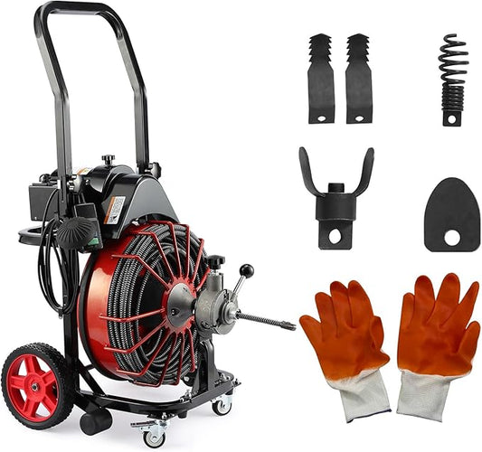 Winado Drain Cleaner Machine 100 FT x 1/2 Inch, 550W Portable Electric Drain Sewer Auger Cleaning Auto Feed with 4 Cutter, Air-activated Foot Switch, Gloves for 1" to 4" Pipes