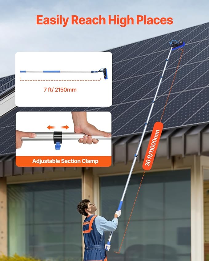 VEVOR Water Fed Pole Kit, 36FT Solar Panel Cleaning Pole with Extendable Handle, 180° Rotatable Brush Head & 65.6FT Hose, Household & Outdoor Window Cleaner Tool for Caravan Solar Panel Deck