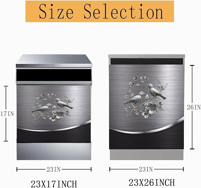 Dishwasher Cover Sheet Magnetic Bird Flower,Grey Metal Silver Pattern Polishing Dishwasher Skin Magnet Decor Silver Texture, 23X17 INCH Steelbird Magnet Rerigerator Wrap, Kitchen Full Panel Decal