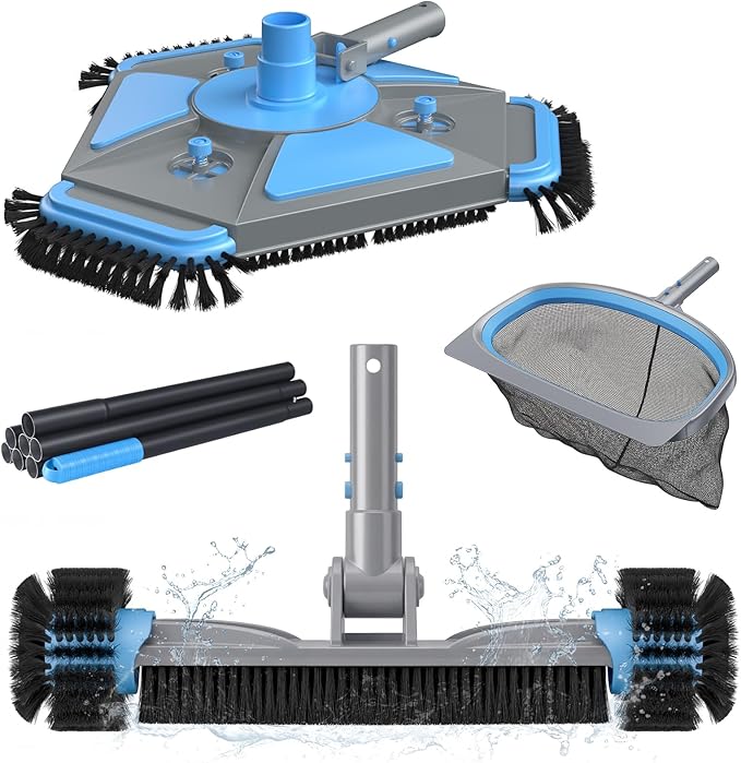 UIRWAY 4-in-1 Deluxe Swimming Pool Cleaning Kit - Includes Upgrade Triangular Pool Vacuum Head, Detachable Brush, Deep Leaf Skimmer Net, Adjustable Aluminum Pole Inground & Above Ground Pools