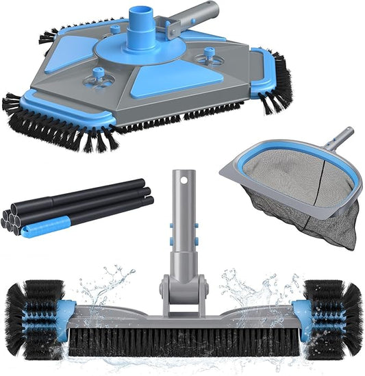UIRWAY 4-in-1 Deluxe Swimming Pool Cleaning Kit - Includes Upgrade Triangular Pool Vacuum Head, Detachable Brush, Deep Leaf Skimmer Net, Adjustable Aluminum Pole Inground & Above Ground Pools