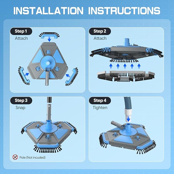 UIRWAY Upgrade Pool Vacuum Head with Side Brush & 360° Swivel Cuff, Heavy Duty Manual Kink-Resistant 1-1/2" x 30 Ft Vacuum Hoses, Weighted Triangular Shape for Inground & Above Ground Pool(No Pole)