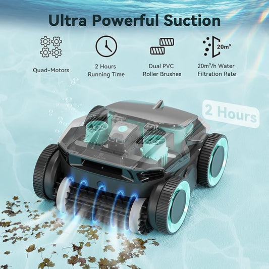 Cordless Robotic Pool Cleaner-Pool Vacuum for In ground Pools with Wall Climbing-120 Mins Running Time, Smart Navigation, 20Gal/Mins Poweful Suction, for Most Pools up to 1,500 Sq.ft, Cyan