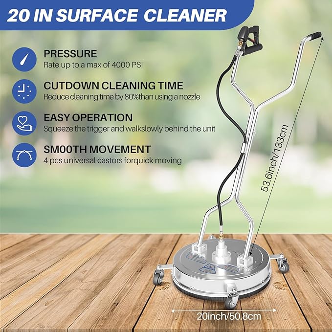 20" Pressure Washer Surface Cleaner with 4 Wheels, 3.9GPM-4400 Max PSI Washer with Dual Handle, Stainless Steel Housing, Ideal for Driveways, Sidewalks, Patios, Decks Cleaning