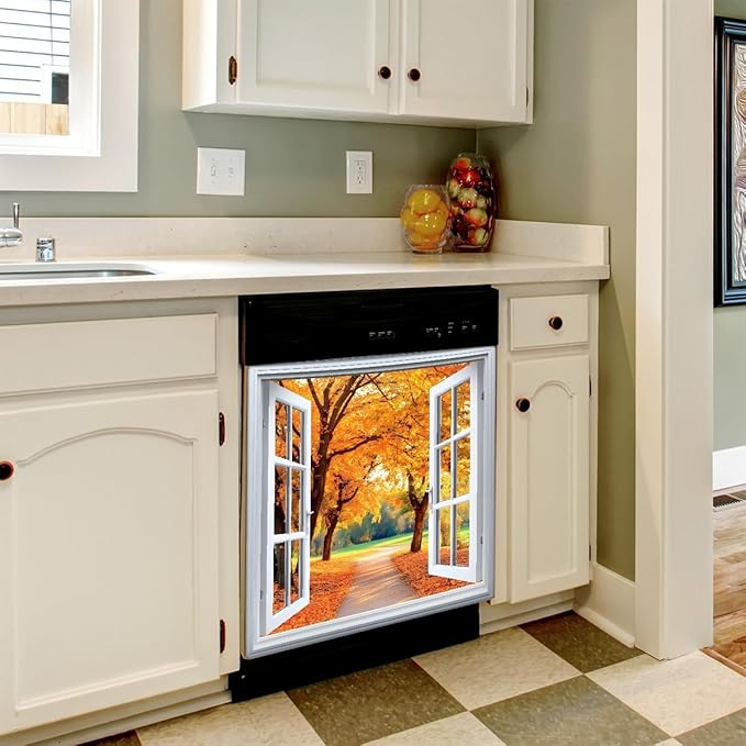Autumn Gold Trees Windows Dishwasher Magnet Cover for The Front Magnetic Dishwasher Door Covers Dish Washer Sticker Wrap Home Decorative Appliances Panel Decal Kitchen Decor 23" x 26" (Magnetic)