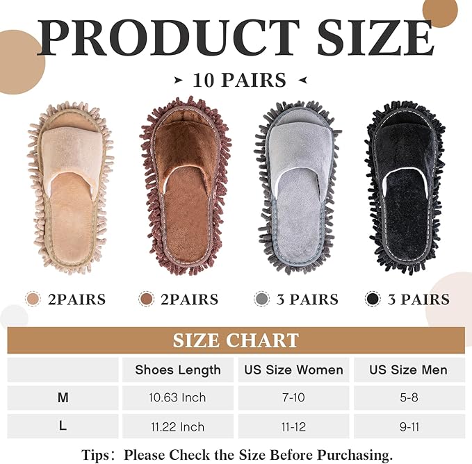 HooLing 10 Pairs Unisex Microfiber Mop Slippers for Floor Cleaning Washable Detachable House Mop Shoes Indoor Dirt Dusting Mopping Slippers for Women Men Home Office Kitchen, 4 Colors (Large)