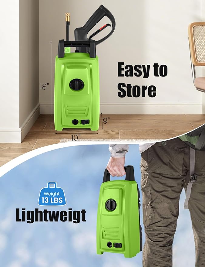 𝐏𝐨𝐰𝐞𝐫 𝐖𝐚𝐬𝐡𝐞𝐫 𝟒𝟓𝟎𝟎𝐏𝐒𝐈 Portable with 20FT Pipe, 4 Nozzle Set for Home/Cars/Fences/Windows, Green