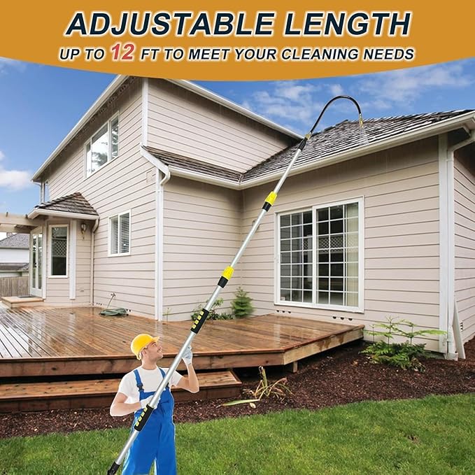 12FT Telescopic Gutter Cleaning Tools from The Ground, Reach to 20FT Gutter Cleaner Wand with Hose Attachment, Aluminum Wand Rain Gutter Cleaner Tool