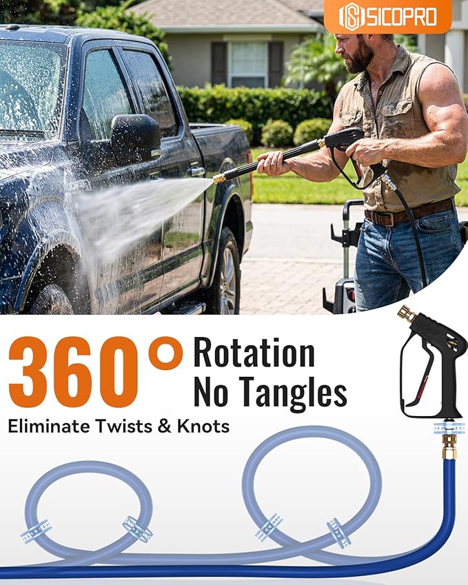 SICOPRO Short Pressure Washer Gun, Power Washer Gun for Car Wash Foam Gun, Stubby Pressure Washer Gun with 3/8" Male Plug And 1/4” Quick Connector Coupler, Anti-Tangle Design